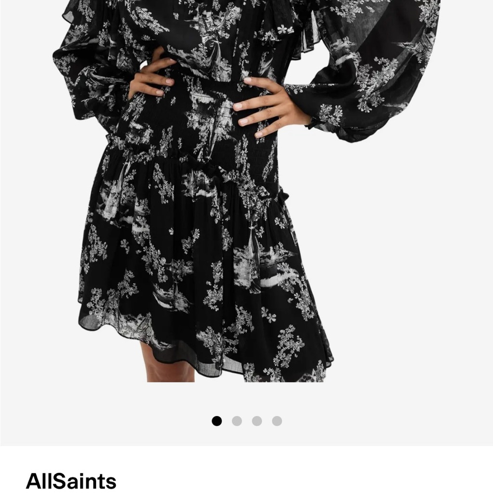 All Saints Aubrey Pleated Black and White Floral Long Sleeve Dress